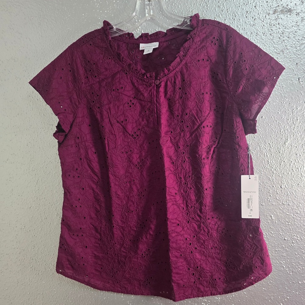 Liz Claiborne Women Plum Purple Eyelet Embroidered Ruffle Neck Blouse Medium NWT